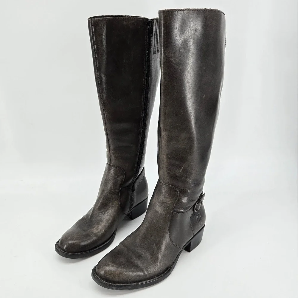 Born Borda Distressed Grey Leather Wide Calf Knee High Riding Boots Womens 8.5 M